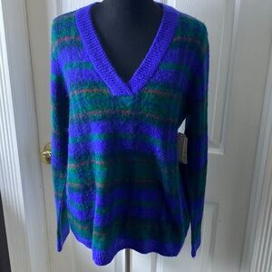 St John’s Bay Women’s V-Neck Plaid Sweater Purple Green Red sz L NWT